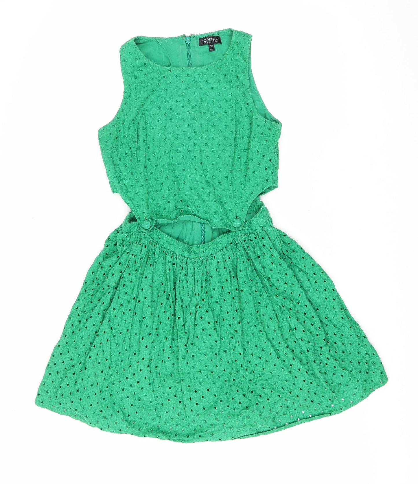 Topshop Womens Green Cotton Fit & Flare Size 10 Scoop Neck Zip - Cut out detail