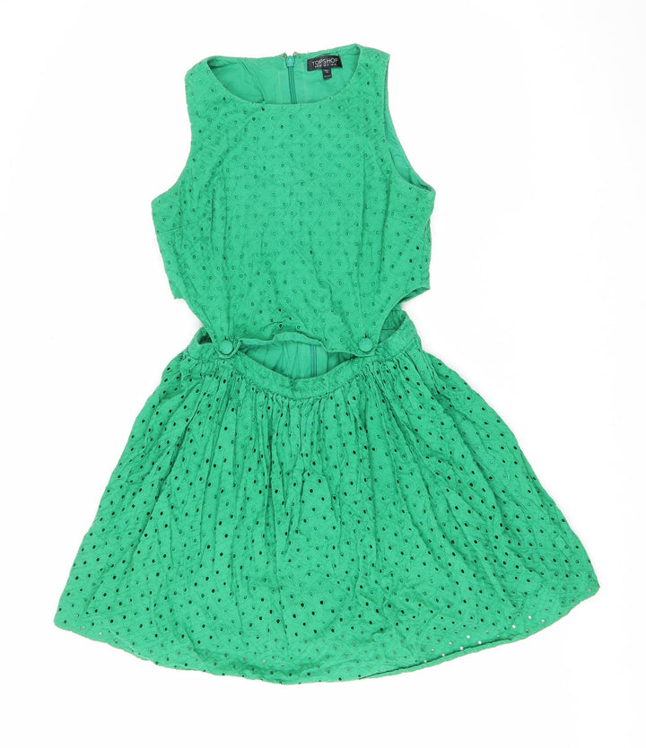 Topshop Womens Green Cotton Fit & Flare Size 10 Scoop Neck Zip - Cut out detail