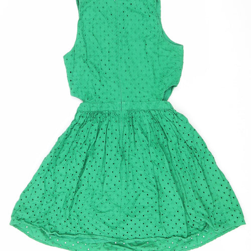 Topshop Womens Green Cotton Fit & Flare Size 10 Scoop Neck Zip - Cut out detail
