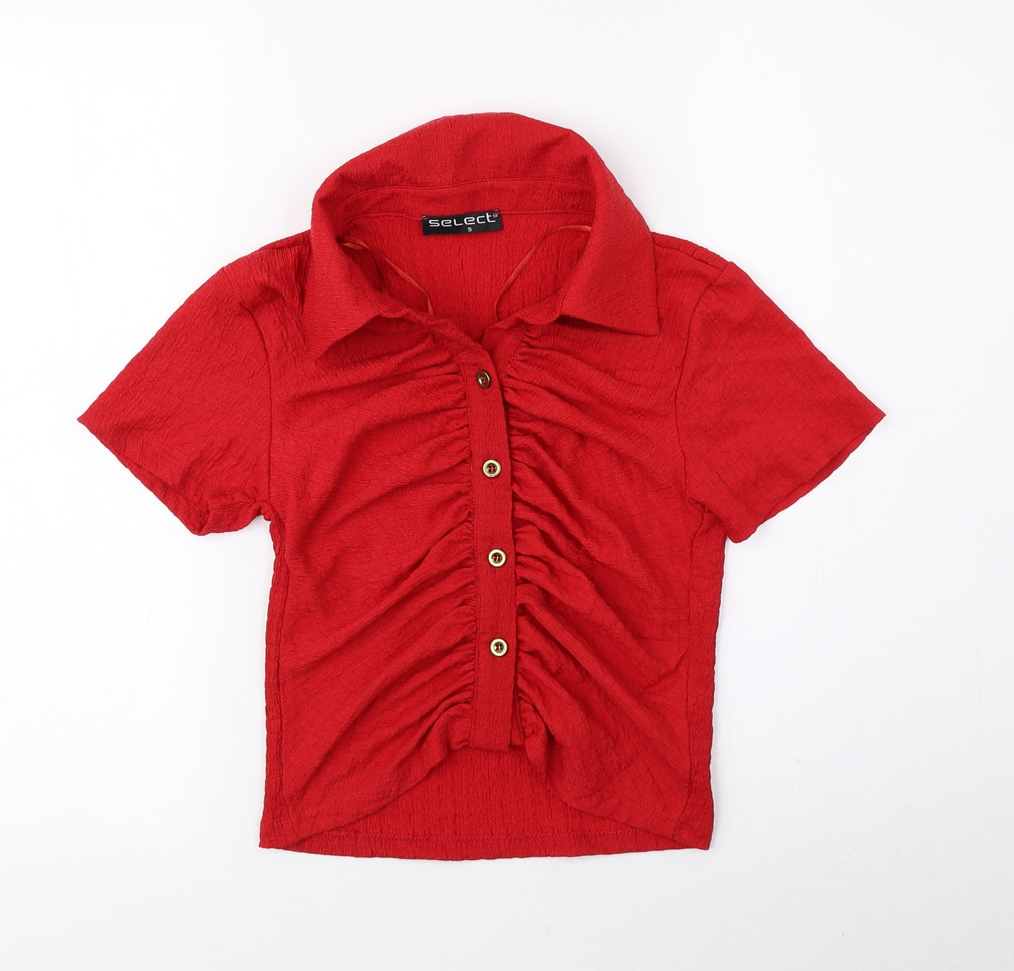 Select Womens Red Polyester Basic Blouse Size S Collared - Ruched