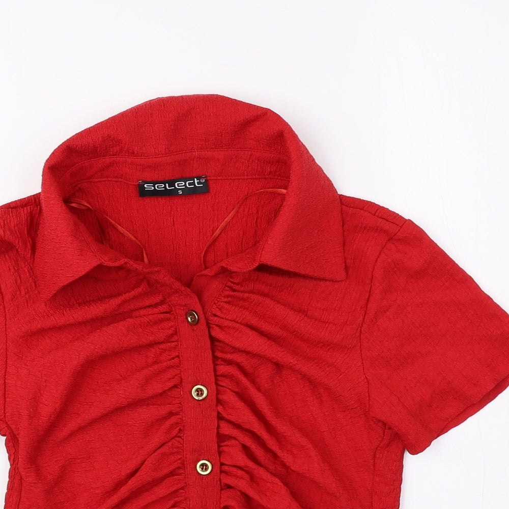 Select Womens Red Polyester Basic Blouse Size S Collared - Ruched