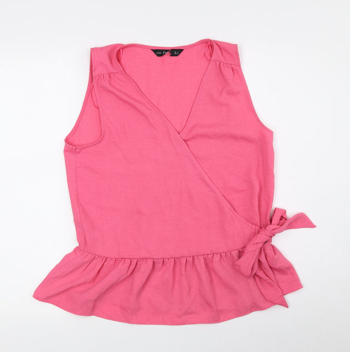 F&F Womens Pink Polyester Basic Blouse Size 8 V-Neck - Tie String