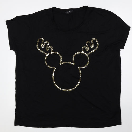 F&F Womens Black Viscose Basic Blouse Size 10 Round Neck - Mickey Reindeer
