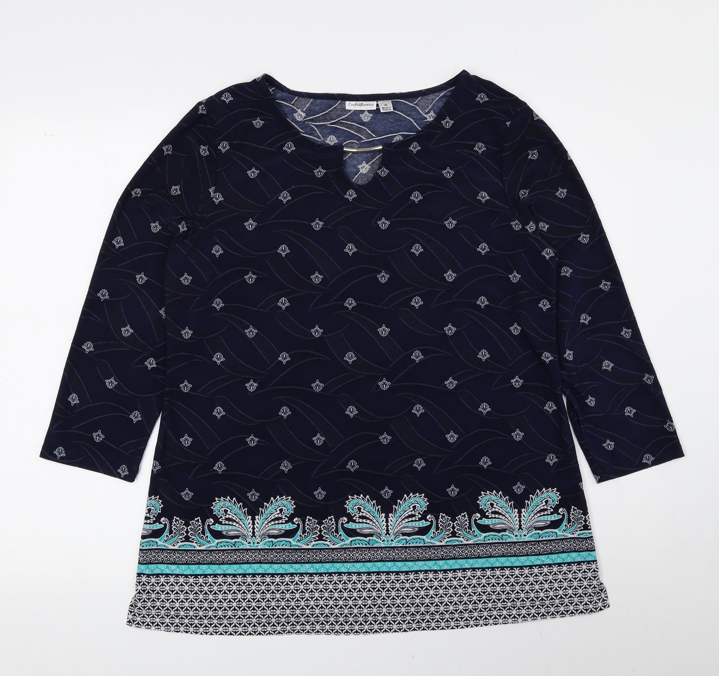 Croft & Barrow Womens Blue Geometric Polyester Basic Blouse Size M Round Neck