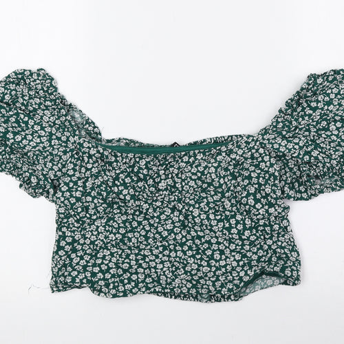 Divided by H&M Womens Green Floral Viscose Cropped Blouse Size 16 Off the Shoulder