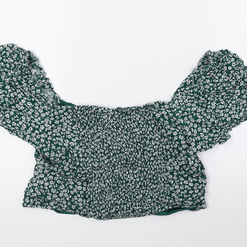 Divided by H&M Womens Green Floral Viscose Cropped Blouse Size 16 Off the Shoulder