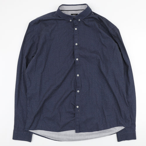 F&F Mens Blue Geometric Cotton Button-Up Size 2XL Collared Button