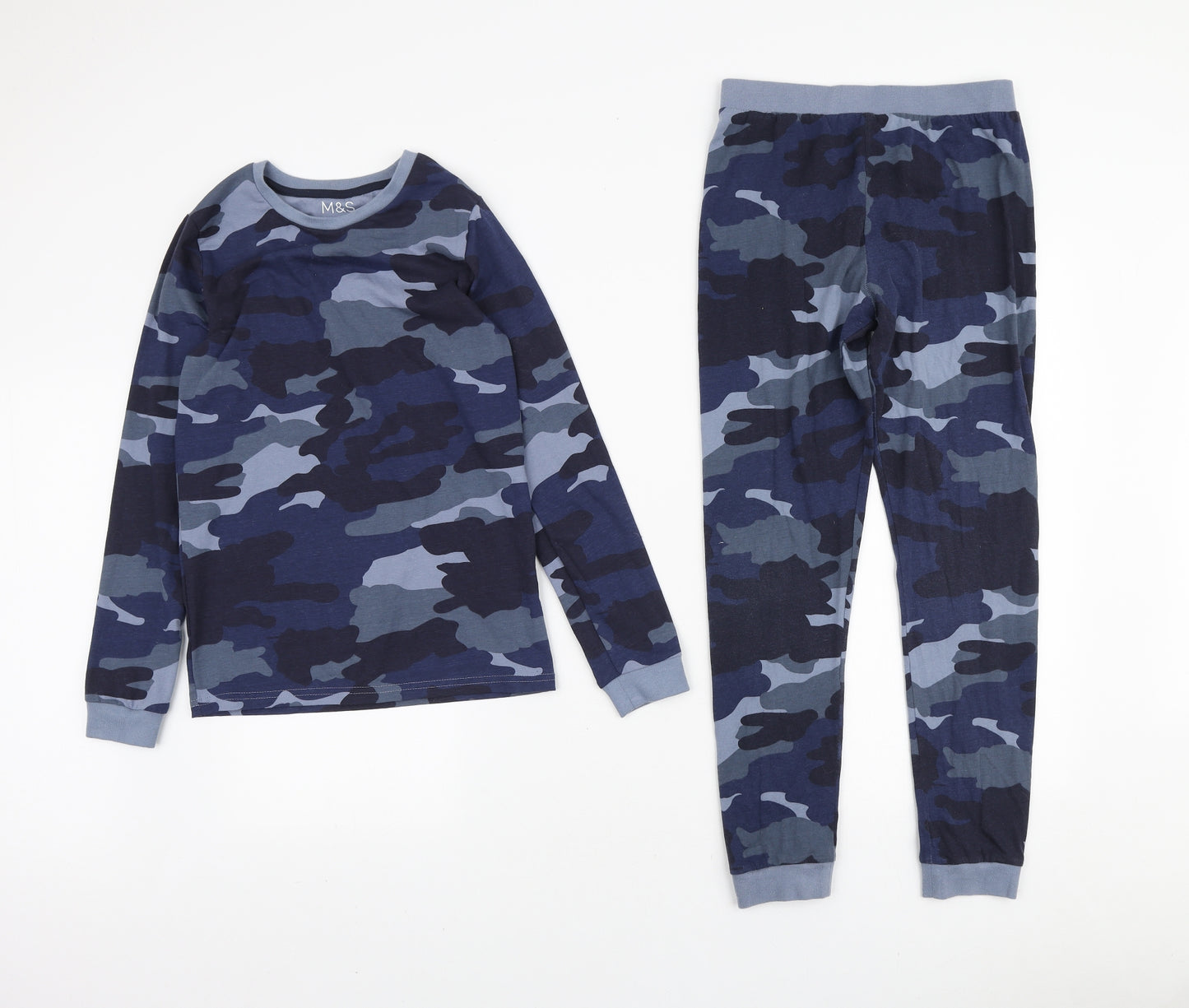 Marks and Spencer Boys Blue Camouflage Cotton Pyjama Set Size 9-10 Years Pullover