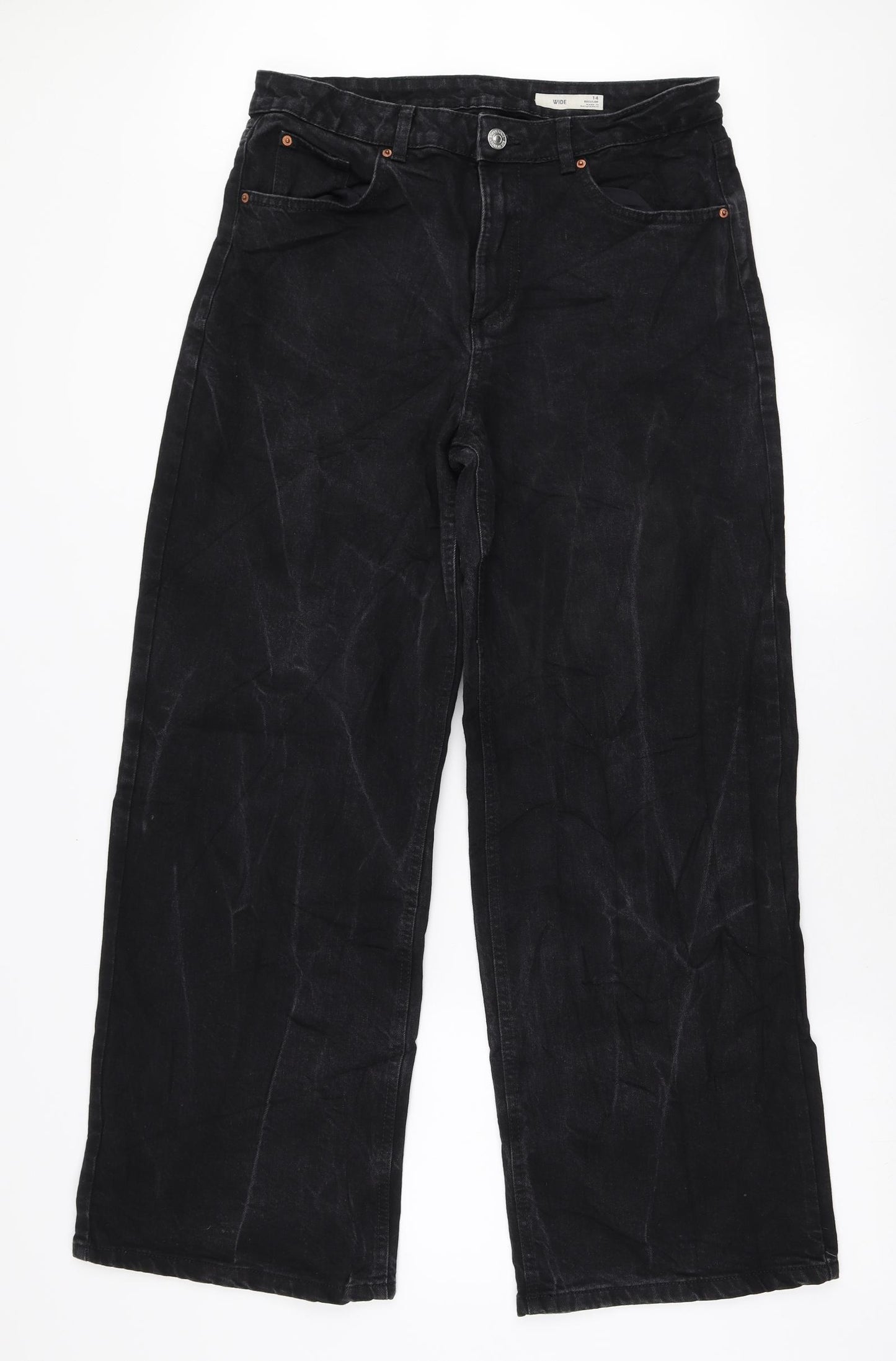 Marks and Spencer Womens Black Cotton Wide-Leg Jeans Size 14 L28 in Regular Zip