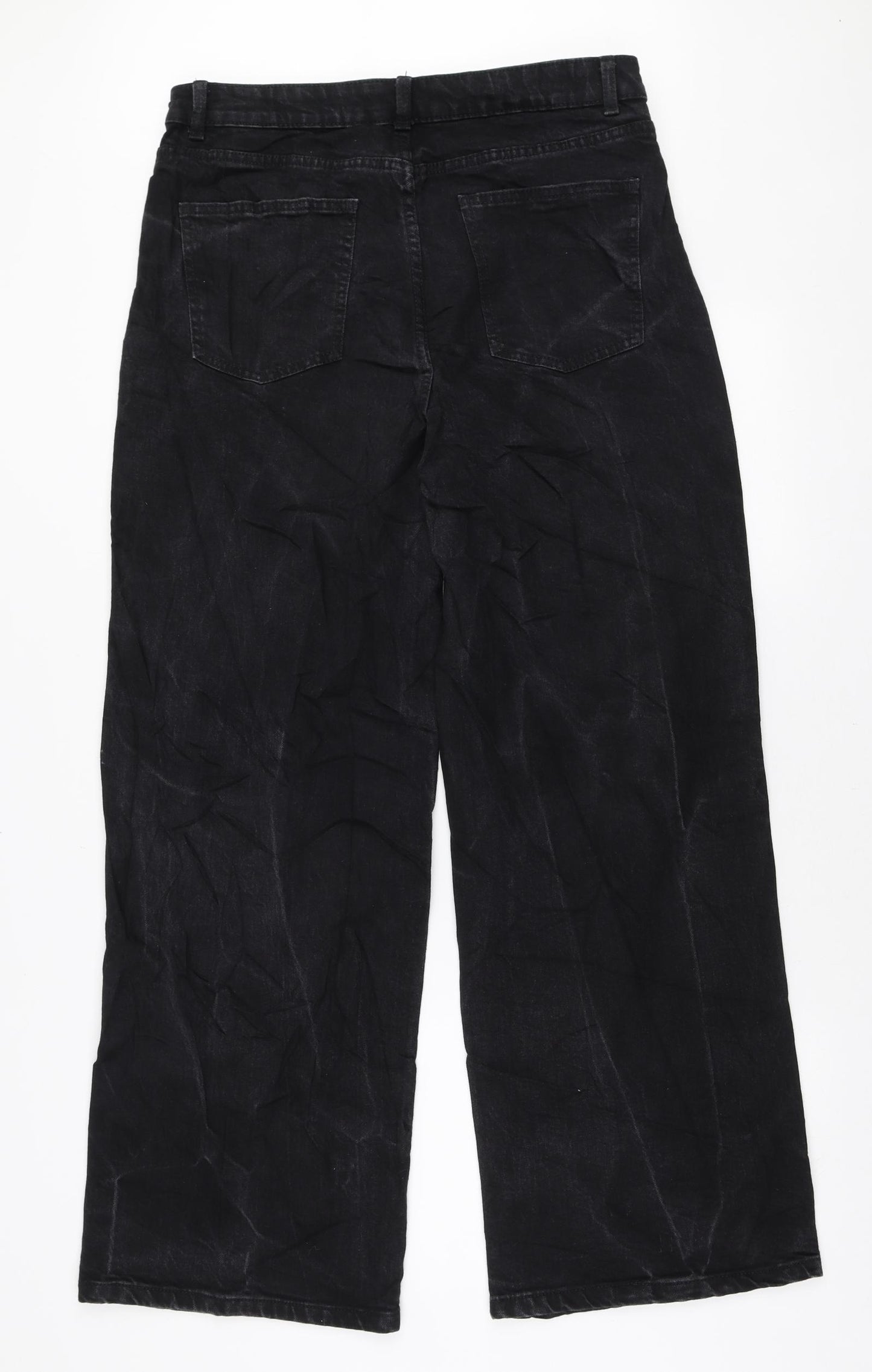 Marks and Spencer Womens Black Cotton Wide-Leg Jeans Size 14 L28 in Regular Zip