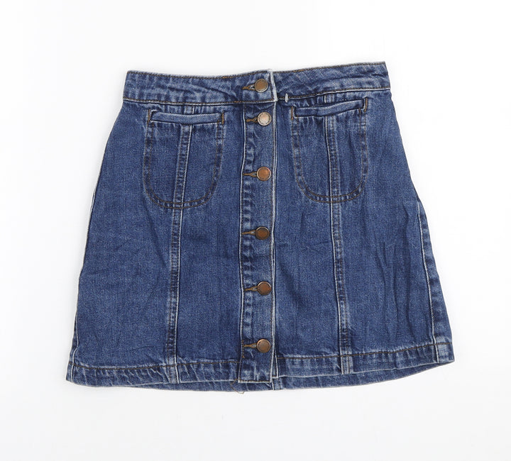 Topshop Womens Blue Cotton A-Line Skirt Size 26 in Button