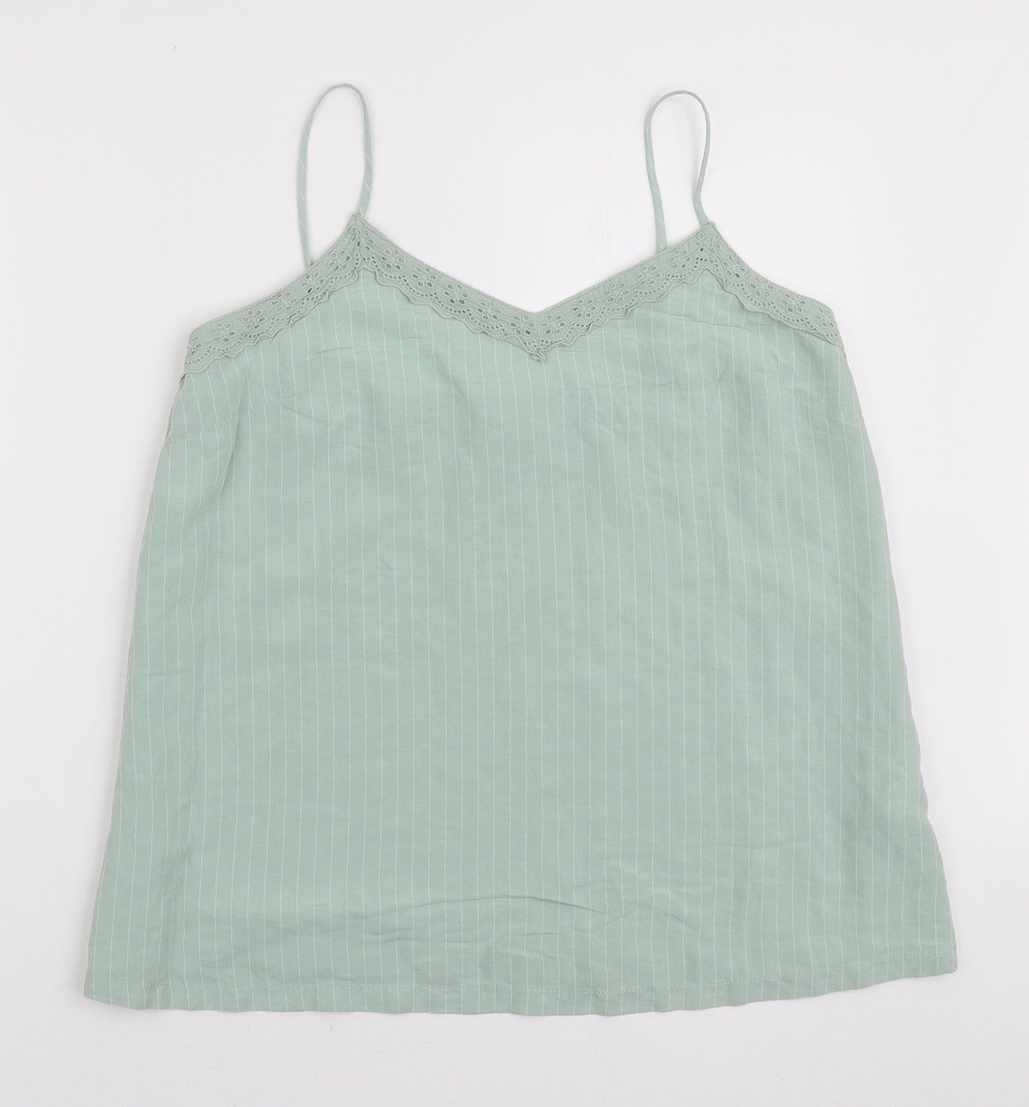 Marks and Spencer Womens Green Striped Viscose Camisole Tank Size 12 V-Neck - Lace Neckline Detail