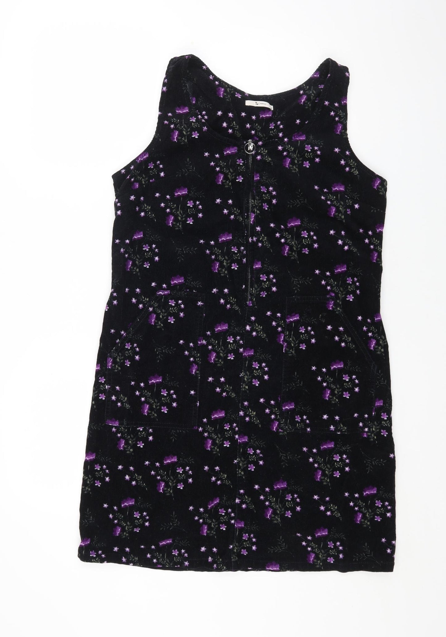 Sainsburys Womens Black Floral 100% Cotton Pinafore/Dungaree Dress Size 10 Round Neck Zip
