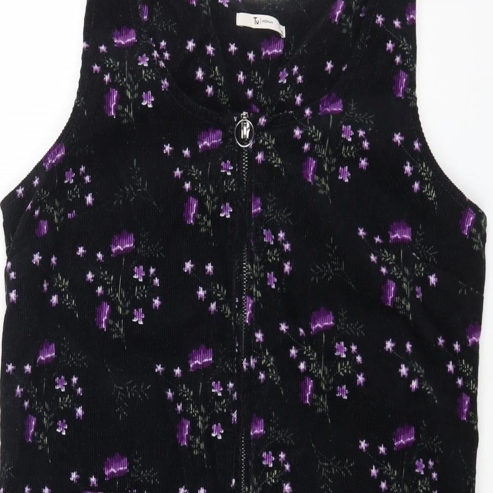 Sainsburys Womens Black Floral 100% Cotton Pinafore/Dungaree Dress Size 10 Round Neck Zip