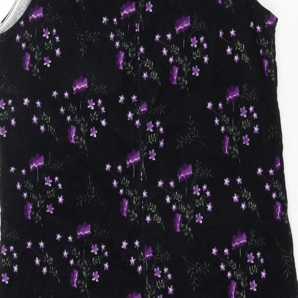 Sainsburys Womens Black Floral 100% Cotton Pinafore/Dungaree Dress Size 10 Round Neck Zip
