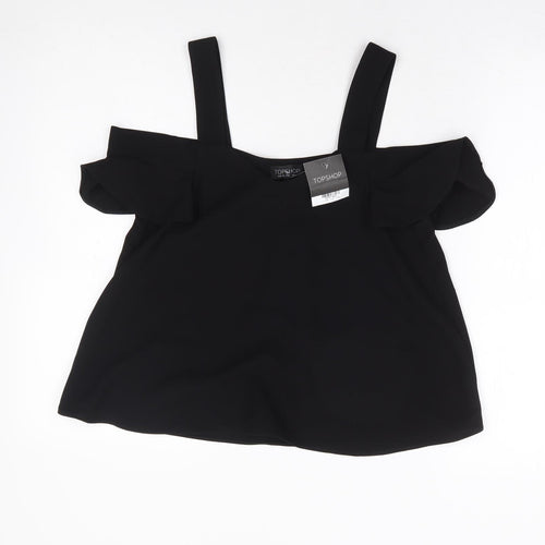 Topshop Womens Black Polyester Basic Blouse Size 6 V-Neck - Cold Shoulder Detail