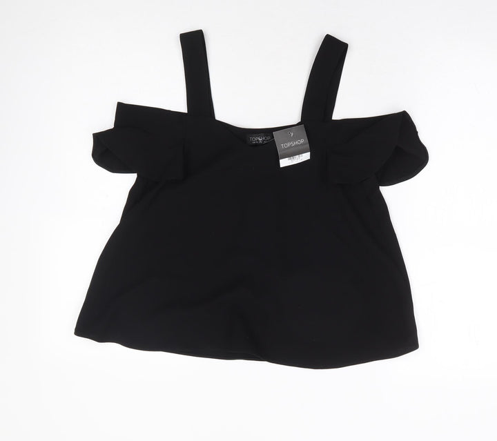 Topshop Womens Black Polyester Basic Blouse Size 6 V-Neck - Cold Shoulder Detail
