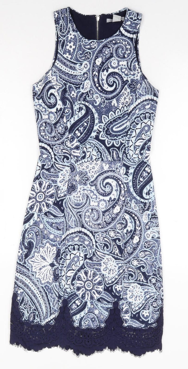 H&M Womens Blue Paisley Polyester A-Line Size XS Round Neck Zip - Lace Trim