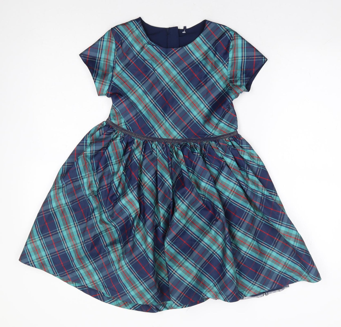 Marks and Spencer Girls Multicoloured Plaid Polyester Fit & Flare Size 8-9 Years Round Neck Zip