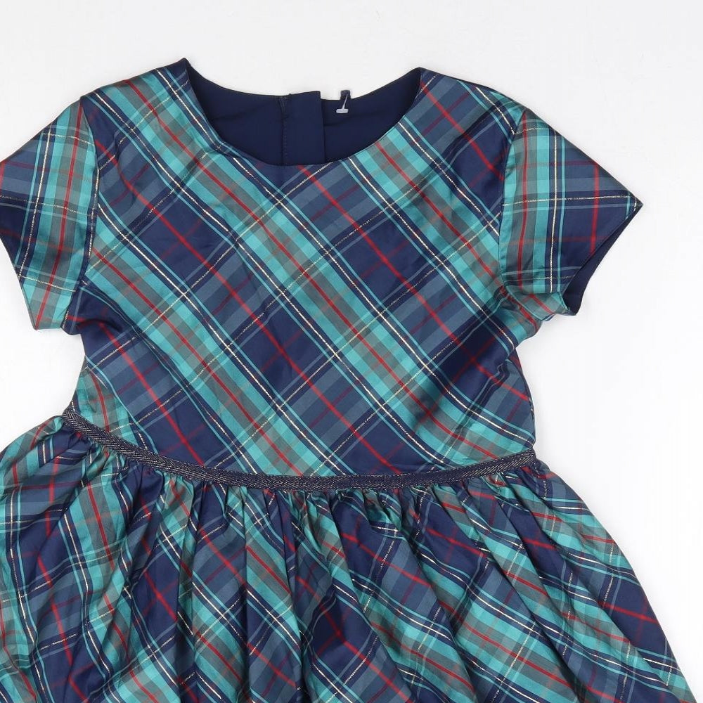 Marks and Spencer Girls Multicoloured Plaid Polyester Fit & Flare Size 8-9 Years Round Neck Zip