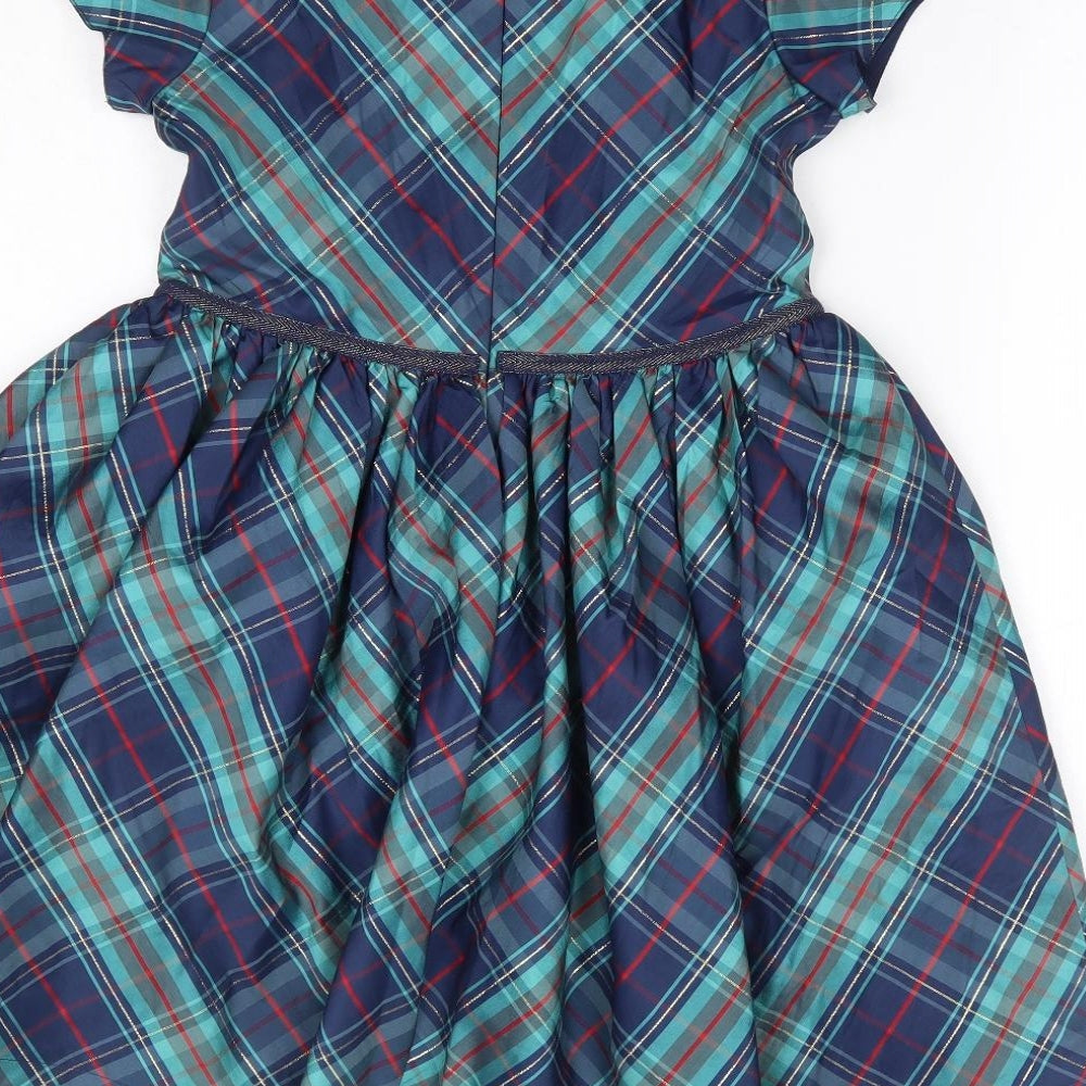 Marks and Spencer Girls Multicoloured Plaid Polyester Fit & Flare Size 8-9 Years Round Neck Zip