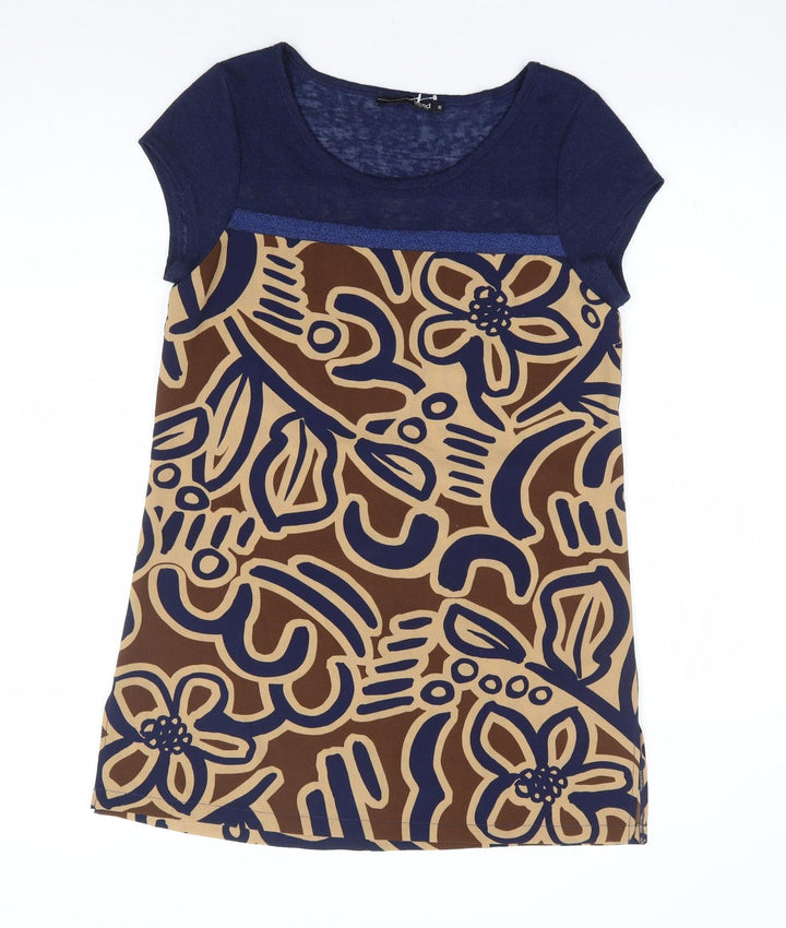 Trend Womens Brown Floral Polyester Shift Size 10 Round Neck Pullover