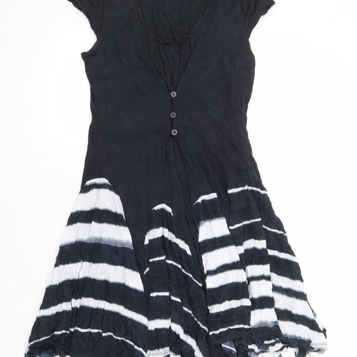LAUREN VIDAL Womens Blue Striped Viscose Skater Dress Size S V-Neck Button - Tie Dye