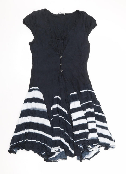 LAUREN VIDAL Womens Blue Striped Viscose Skater Dress Size S V-Neck Button - Tie Dye