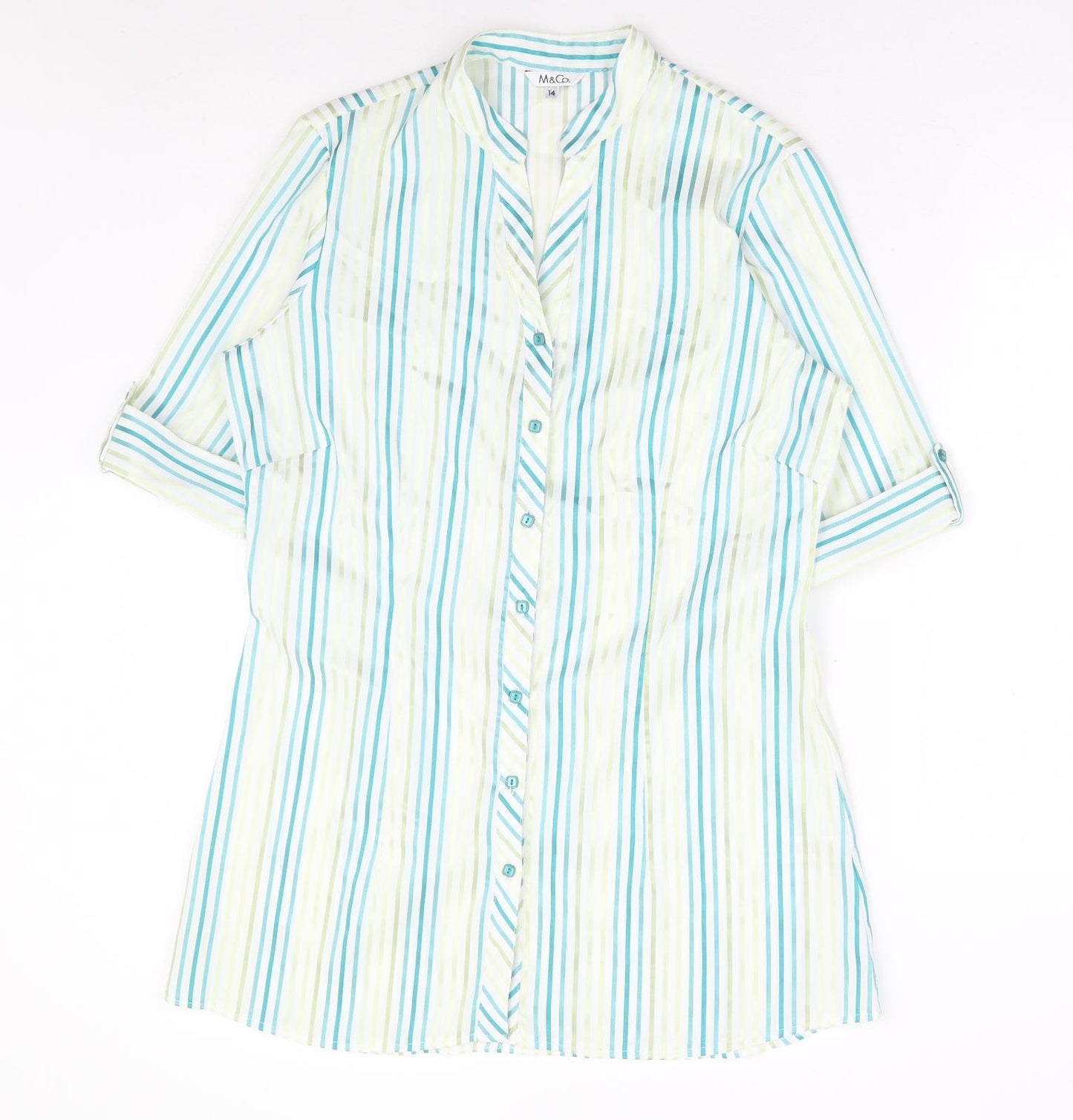 M&Co Womens Blue Striped Polyester Basic Button-Up Size 14 V-Neck