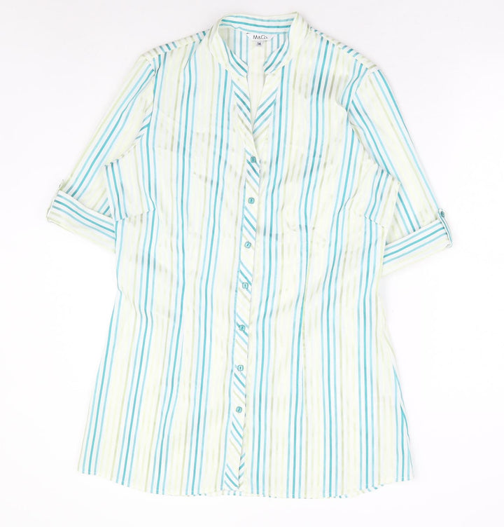 M&Co Womens Blue Striped Polyester Basic Button-Up Size 14 V-Neck