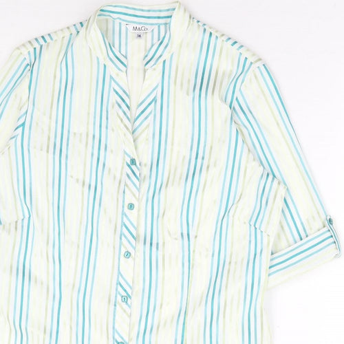 M&Co Womens Blue Striped Polyester Basic Button-Up Size 14 V-Neck