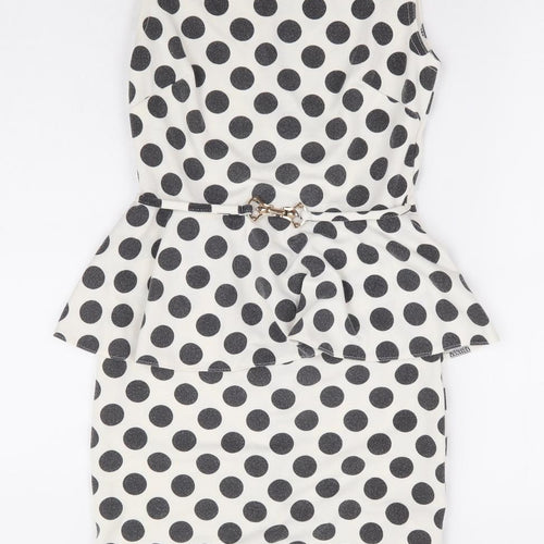 Primark Womens White Polka Dot Polyester Pencil Dress Size 8 Round Neck Zip