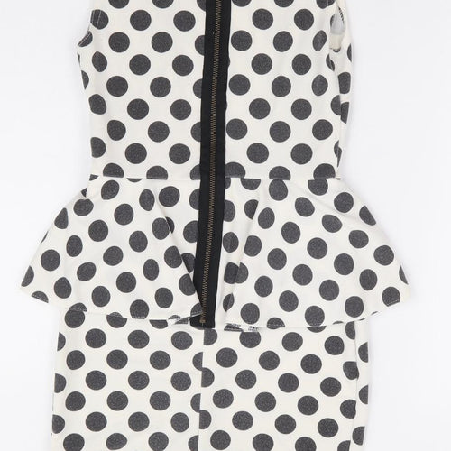 Primark Womens White Polka Dot Polyester Pencil Dress Size 8 Round Neck Zip