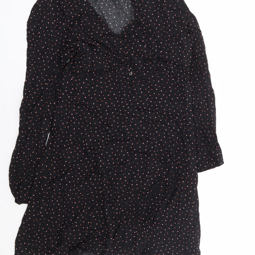 Warehouse Womens Black Geometric Rayon A-Line Size 12 V-Neck Zip - Love Heart Print