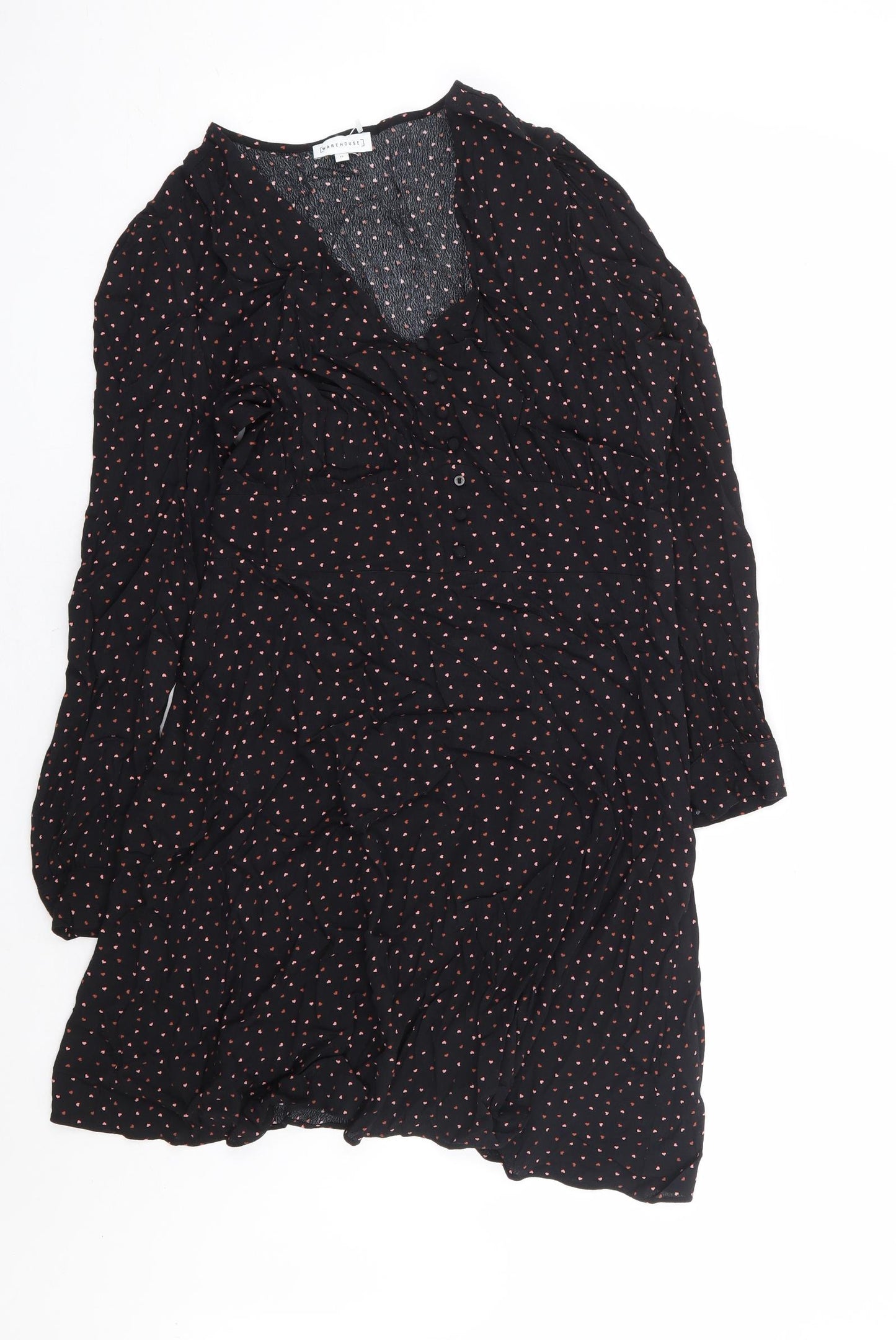 Warehouse Womens Black Geometric Rayon A-Line Size 12 V-Neck Zip - Love Heart Print