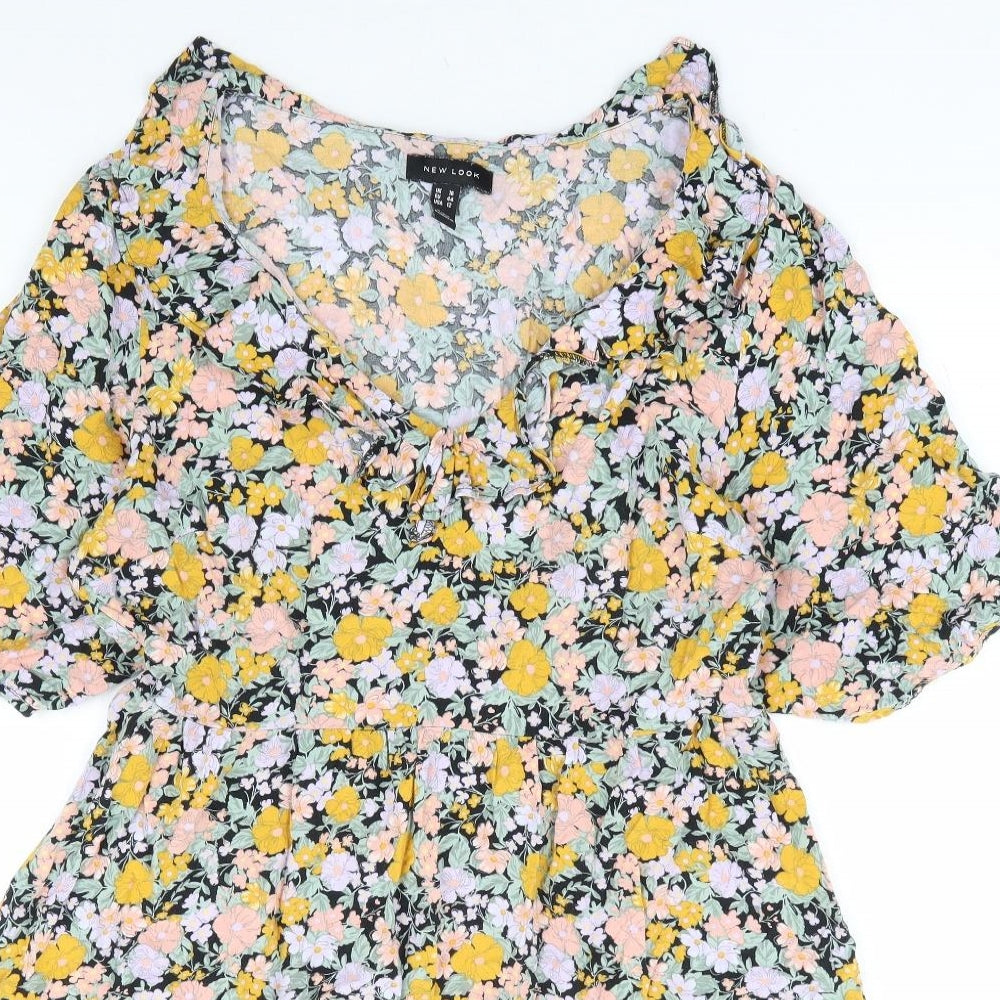 New Look Womens Multicoloured Floral Viscose Fit & Flare Size 16 V-Neck Tie