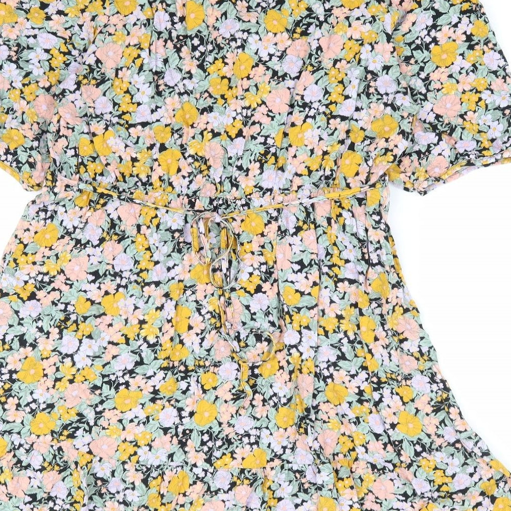 New Look Womens Multicoloured Floral Viscose Fit & Flare Size 16 V-Neck Tie