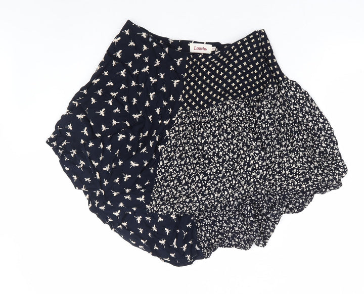 Louche Womens Blue Geometric Viscose Flare Skirt Size 10 Zip - Dragonfly Print Hi Lo