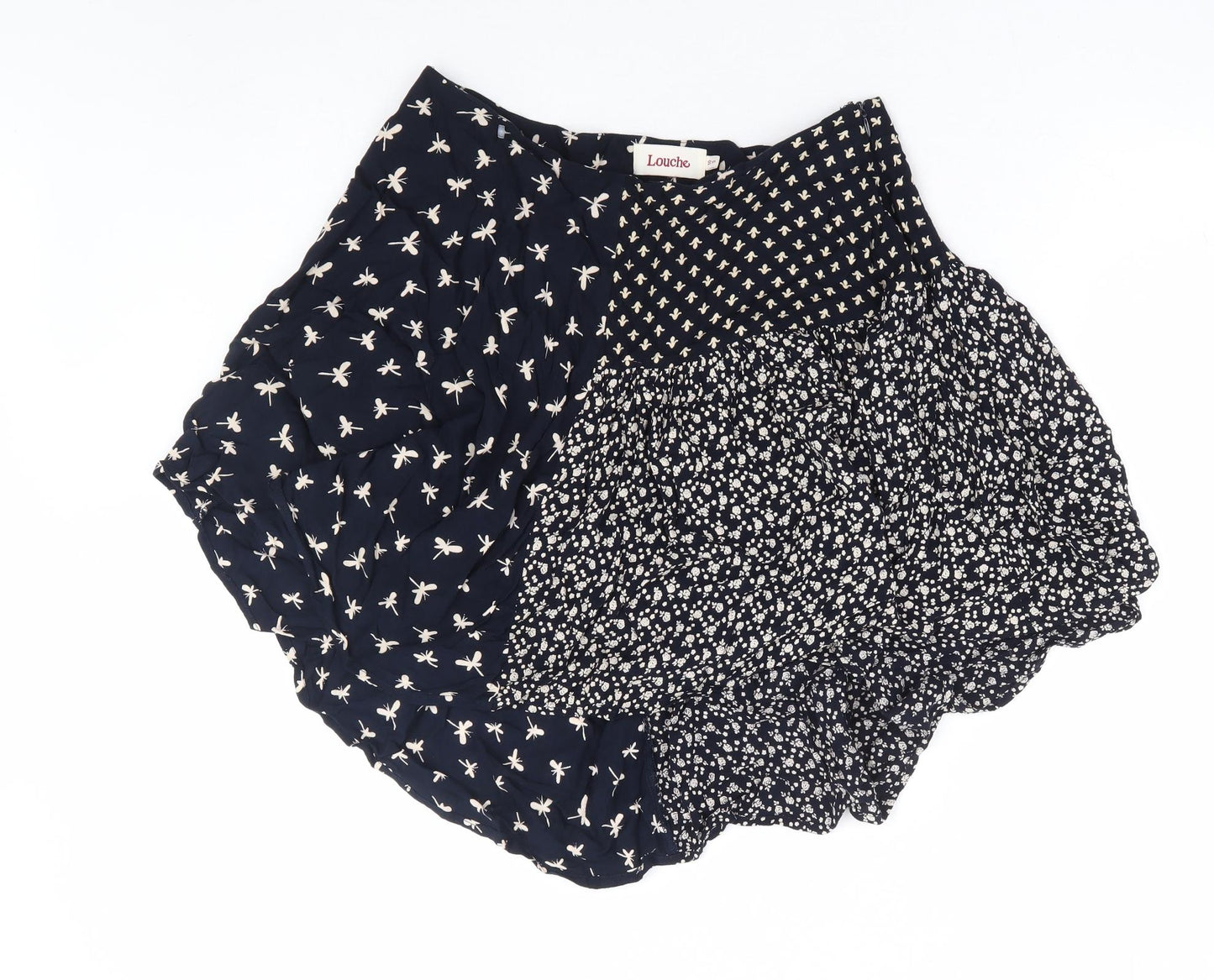 Louche Womens Blue Geometric Viscose Flare Skirt Size 10 Zip - Dragonfly Print Hi Lo
