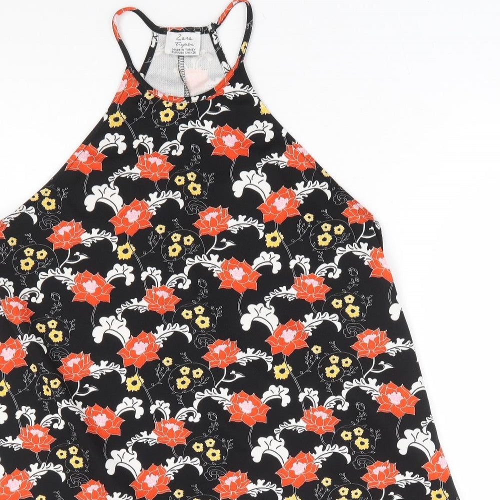Zara Womens Black Floral Polyester A-Line Size S Crew Neck Pullover - Racer Back