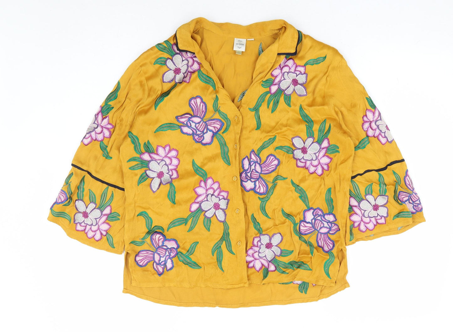 Seen Worn Kept Womens Yellow Floral Viscose Basic Button-Up Size 10 Collared