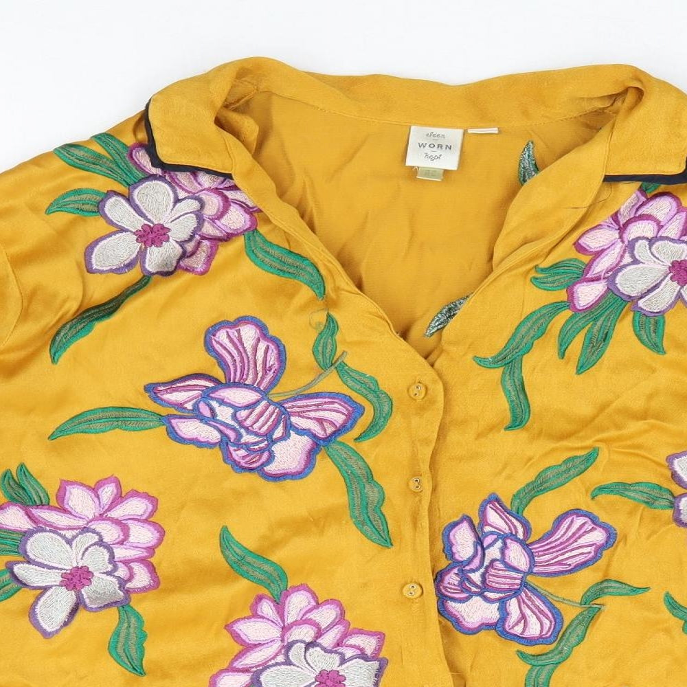 Seen Worn Kept Womens Yellow Floral Viscose Basic Button-Up Size 10 Collared