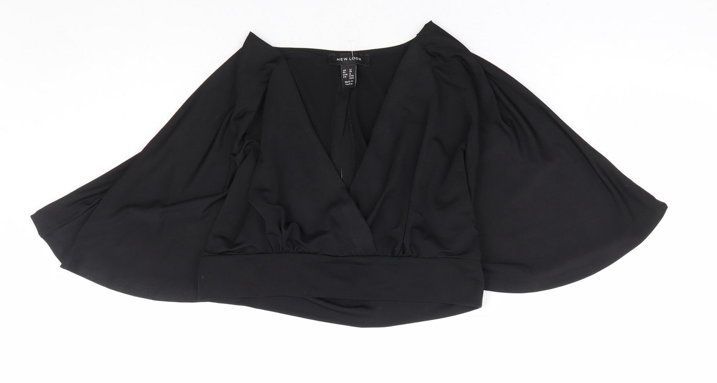 New Look Womens Black Polyester Cropped Blouse Size 12 V-Neck