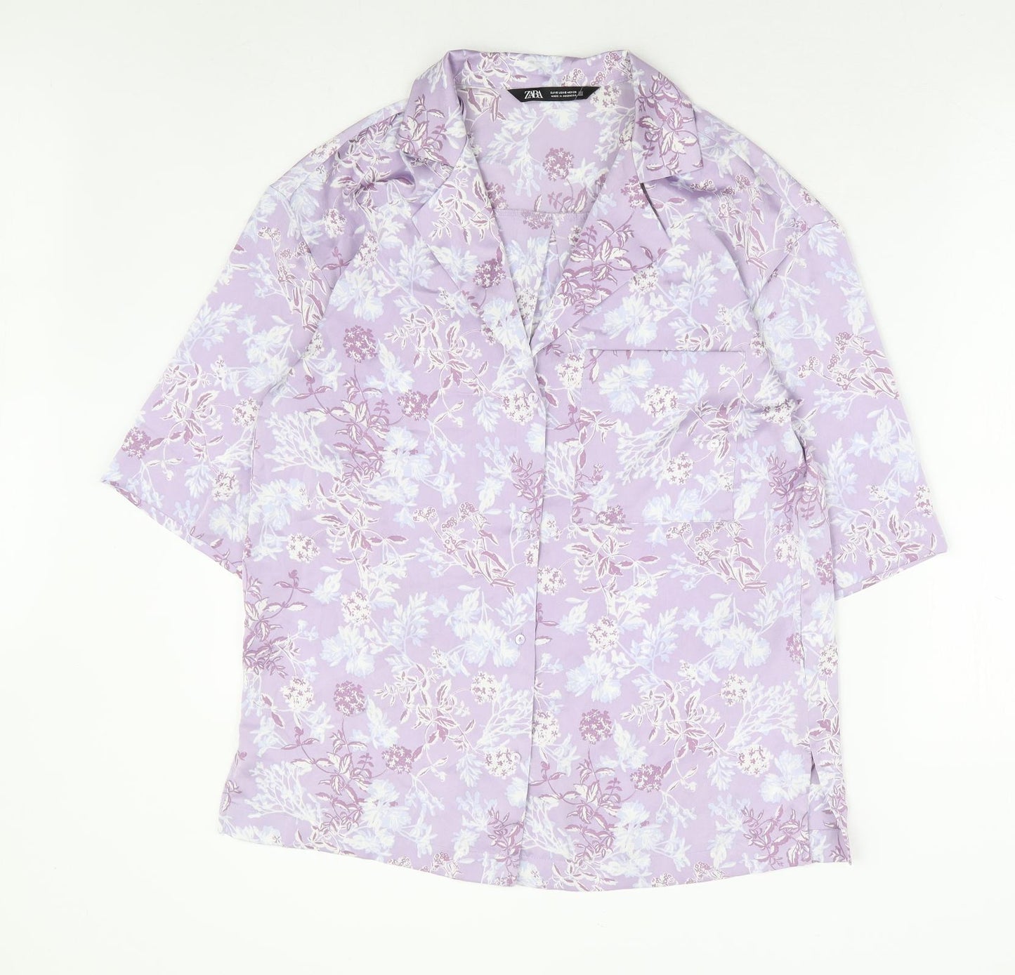 Zara Womens Purple Floral Polyester Basic Button-Up Size S Collared