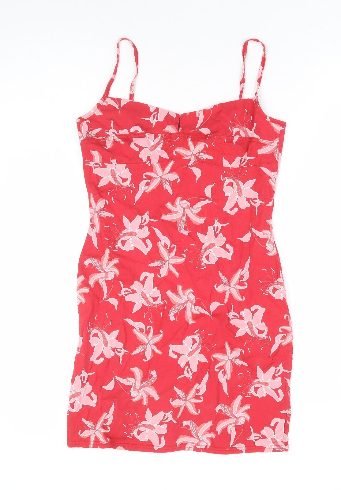 Miss Selfridge Womens Red Floral Cotton Bodycon Size 14 V-Neck Pullover