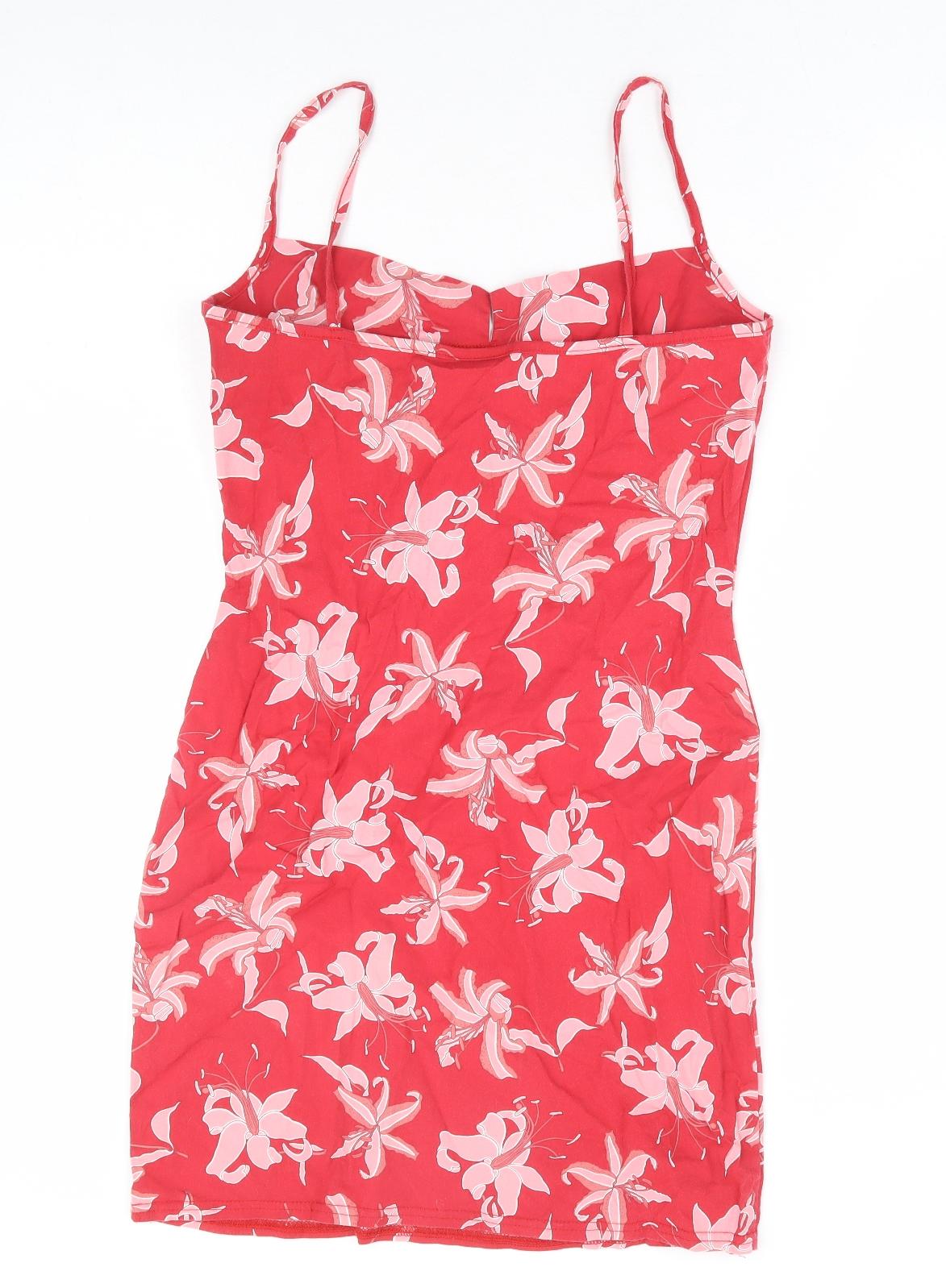 Miss Selfridge Womens Red Floral Cotton Bodycon Size 14 V-Neck Pullover