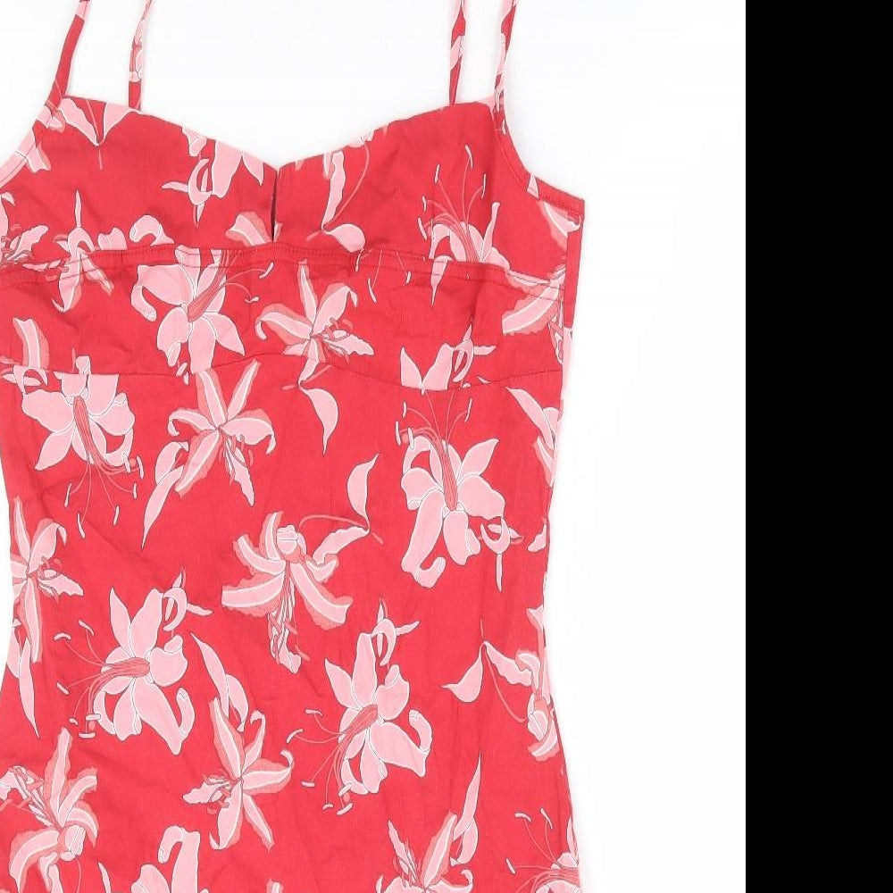 Miss Selfridge Womens Red Floral Cotton Bodycon Size 14 V-Neck Pullover