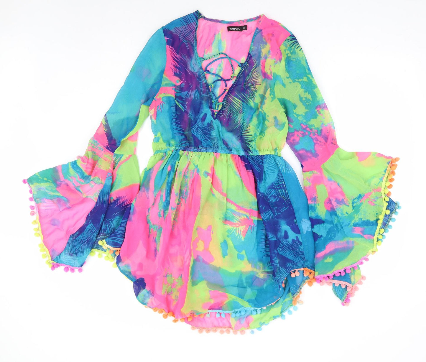 Boohoo Womens Multicoloured Polyester Fit & Flare Size M V-Neck Lace Up - Pom Pom Trim Beach Festival Wear