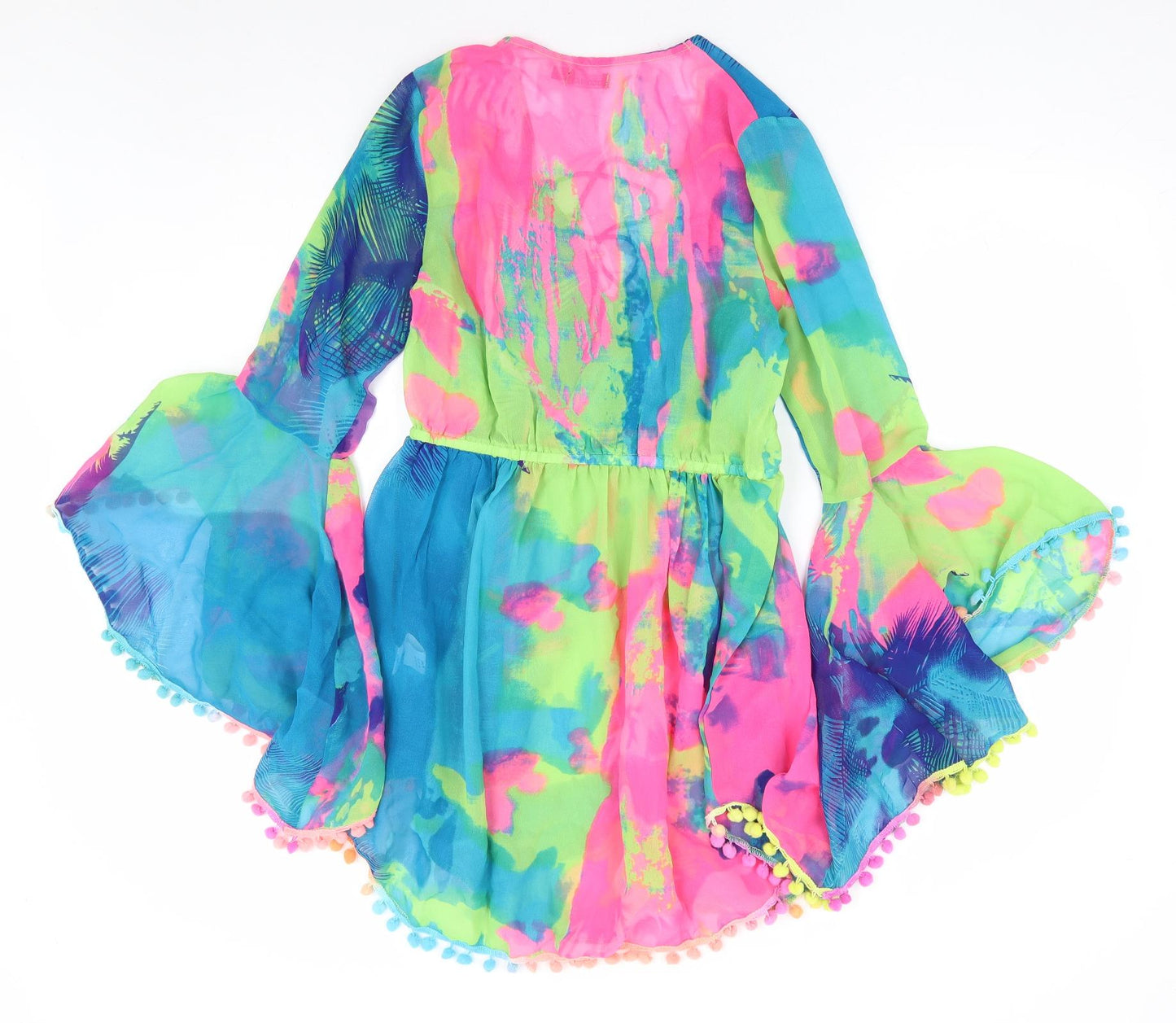 Boohoo Womens Multicoloured Polyester Fit & Flare Size M V-Neck Lace Up - Pom Pom Trim Beach Festival Wear