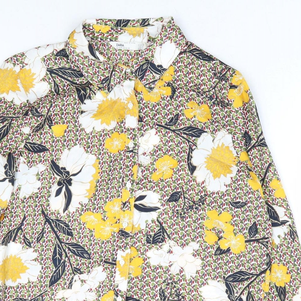 Zara Womens Multicoloured Floral Polyester Basic Button-Up Size S Collared